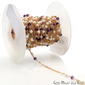Amethyst & Pearl Multi Gemstone Beaded Gold Wire Wrapped Rosary Chain
