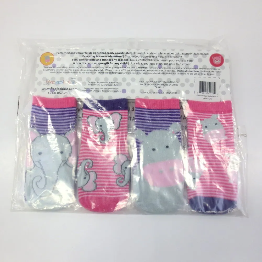 Flap Jack Kids 4-Pack Safari Socks - Elephant/Hippo (Small, 0-12 Months) (79771) (Open Box)