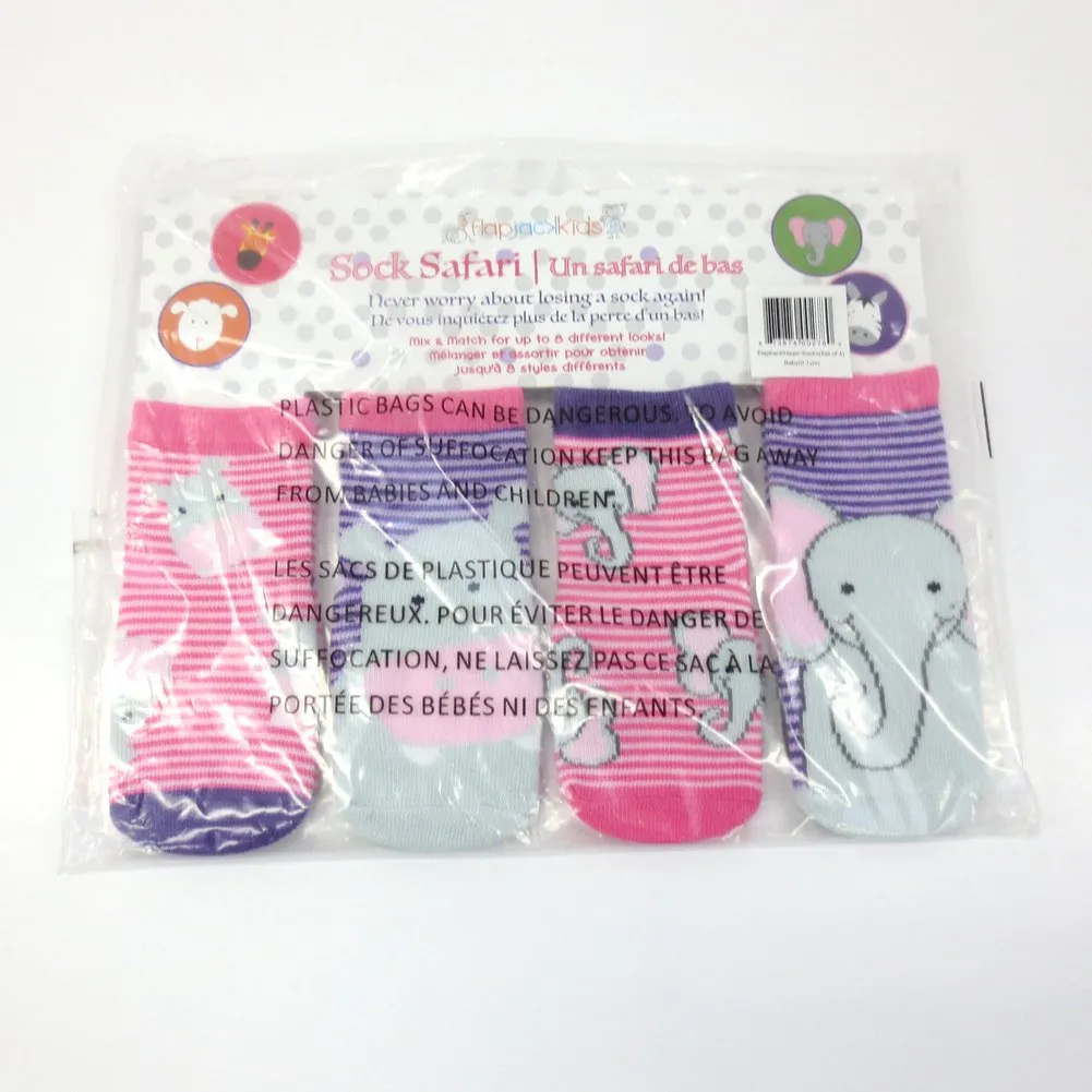 Flap Jack Kids 4-Pack Safari Socks - Elephant/Hippo (Small, 0-12 Months) (79771) (Open Box)